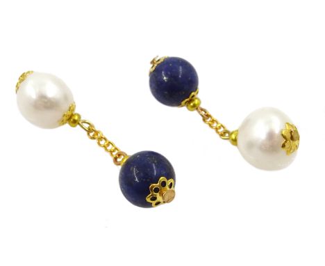 Pair of gilt lapis lazuli and pearl cufflinks