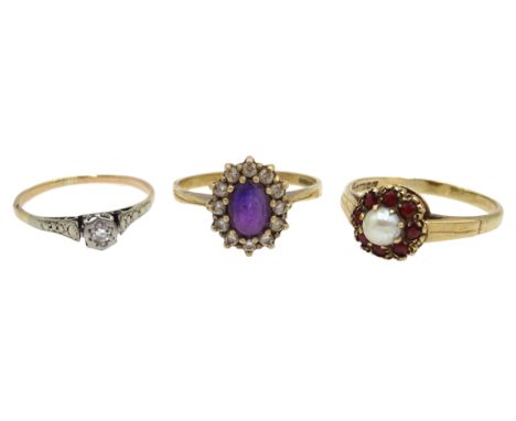 9ct gold pearl and garnet cluster ring, 9ct gold amethyst cluster dress ring both hallmarked and a gold single stone diamond 