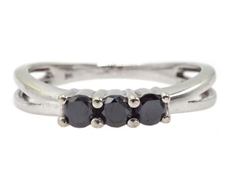 9ct white gold three stone black diamond ring hallmarked Condition Report size N-O2.25gm