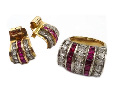 18ct gold (tested) diamond and calibre cut ruby barrel design ring and a similar pair of gold ruby and diamond earring, stamp