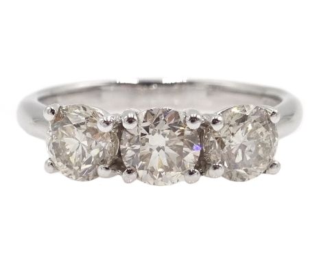 18ct white gold three stone diamond ring, stamped 750, diamond total weight 1.55 carat Condition Report Click here for furthe