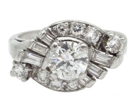 American platinum round and baguette cut diamond asymmetric spray marquise shaped ring, circa 1950's, stamped 10% Irid Plat, 