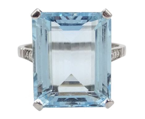 Platinum emerald cut aquamarine ring with diamond set shoulders, hallmarked  Condition Report Approx 7.5gm, size P, aquamarin