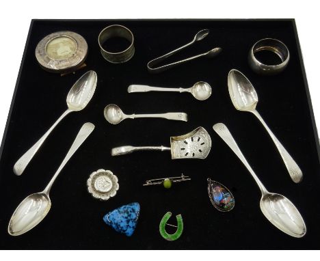 George III silver tea caddy spoon by John Thornton, Birmingham 1814, two mustard spoons by John Lawrence &amp; Co, Birmingham