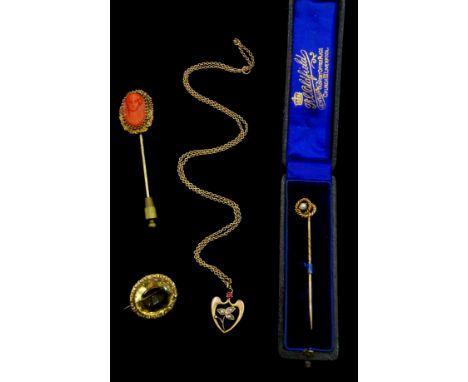 Gold carved coral cameo stick pin, gold pearl stick pin stamped 15ct, Edwardian 9ct gold garnet and seed pearl heart pendant 