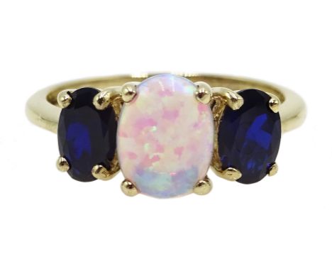 Sapphire and opal three stone 9ct gold ring hallmarked Condition Report size L2.4gm