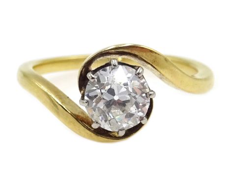 18ct gold (tested) single stone, old cut diamond crossover ring diamond approx 0.7 carat