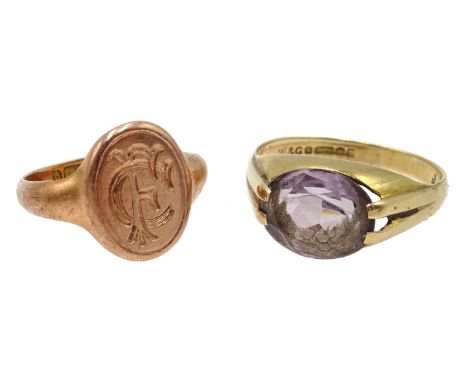 9ct rose gold signet ring halllmarked, engraved CF and a 9ct gold pale amethyst ring hallmarked Condition Report signet 2.4gm