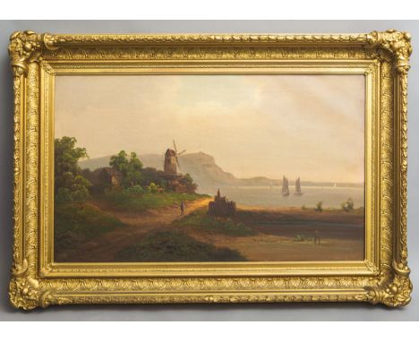 Künstler/in unbekannt (19. Jh.), Romantische Seelandschaft, Öl/Lw., Seelandschaft m.Seeglern vor Berg-Kulisse, im Vordergrund
