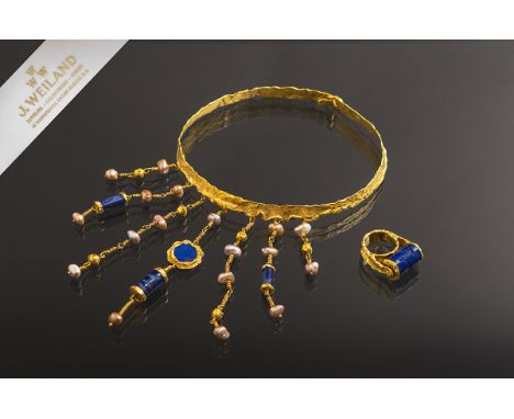 Außergewöhnliches Schmuckset 750 GG (Juwelier Weiland, Mainz, 1975), 2-teilig, bestehendaus: 1x Collier, ca. 8,5-10 mm breite