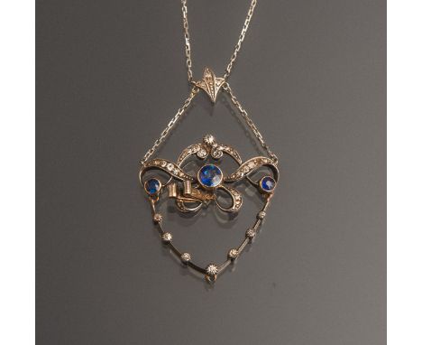 Historisches Collier mit Edelsteinbesatz (England, 19. Jh.), Silber u. Platinteilvergoldet, Ankerkette m. Anhänger, besetzt m