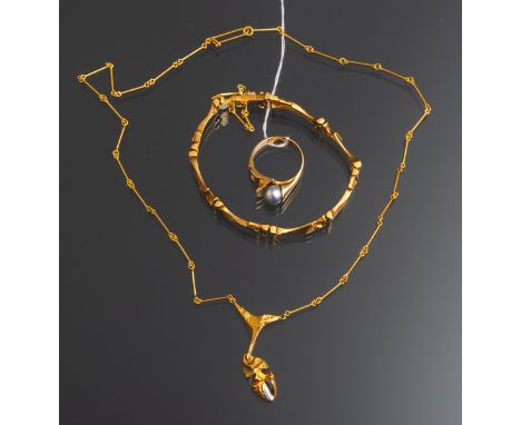 3-teiliges Schmuckset (Lapponia) 750 GG, bestehend aus: 1x Armband, Gr. ca. L: 18 cm, 1xRing (Besatz m. grauer Perle), Gr. 58