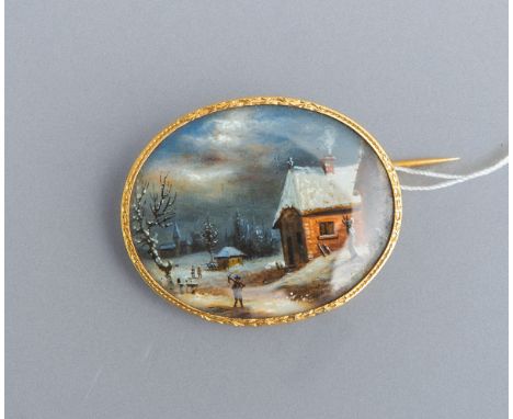 Miniaturgemälde / Brosche 585 GG (19. Jh.), Darst. einer winterlichen Ortsansicht m.Figur-Staffage, ovale Goldrahmung hinter 