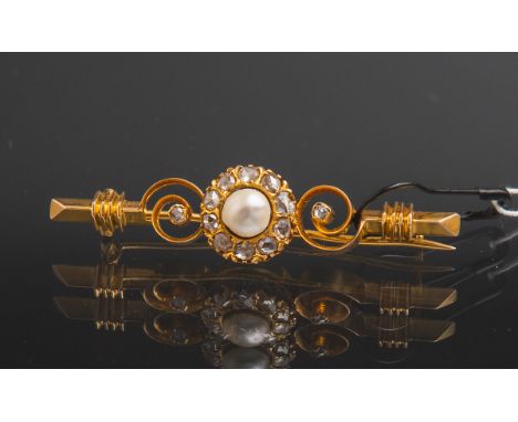Stabbrosche mit Besatz 585 GG, besetzt m. 1 Süßwasserperle (Dm. ca. 5,5 mm) u. 12 kl.Diamanten im Rosenschliff, L. ca. 5 cm, 