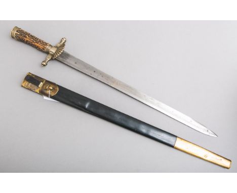 Jagdlicher Hirschfänger, m. Nickelmontierung, komplett m. Scheide u. Beimesser (dieseswohl ergänzt).