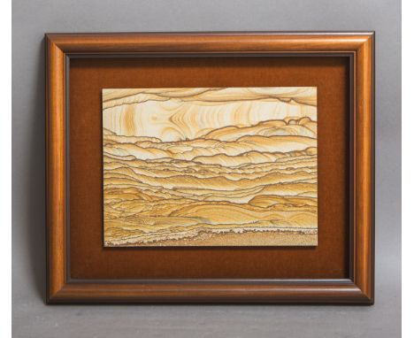Sandstein-Bild (200 Millionen Jahre alt, Utah), Sandsteinplatte auf Samtträger, inHolzrahmen, Größe gesamt m. Rahmen ca. 44 x