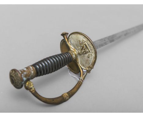 Stichdegen (wohl Frankreich, 19. Jh.), zweischneidige Klinge, m. Klappscharnier ausMessing, auf festem Korb schreitender Löwe