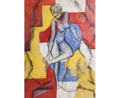 Künstler/in unbekannt (wohl Russische/r Künstler/in der Avantgarde), Weiblicher Akt nachdem Bade, Öl/Lw., rs. a. d. Keilrahme