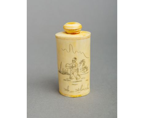 Kleines Schnupffläschchen, Bein, m. figürlicher Szenerie, H. ca. 7,5 cm.