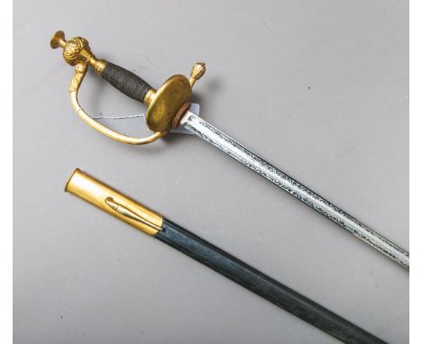Preußischer Infanterie / Kürassier Offiziersdegen alter Art, m. Originalwicklung u.geätzter Klinge, komplett m. Lederscheide 