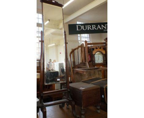 A mahogany cheval mirror, two chairs plus a commode