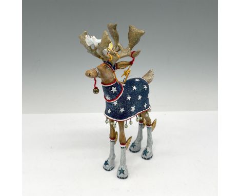 Reindeer is displaying his patriotism with red, white and blue blanket with stars, boots with stars and glitter, gilt wings o
