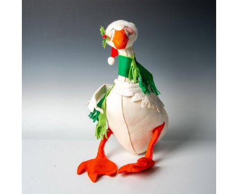 An adorable white goose, featuring an orange bill and feet, adorned with a stylish two-toned green scarf and a Santa hat comp