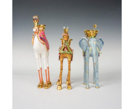 Three hand made colorful glittery candlesticks designed as a horse, elephant, and camel. Part of the Krinkles collection. Tal