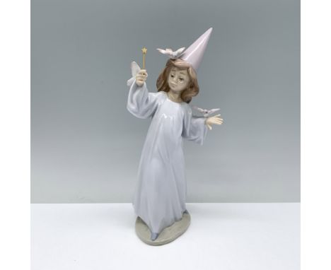 A girl adorned in a periwinkle robe and a lavender cone hat, accompanied by her three loyal bird companions, as she gracefull