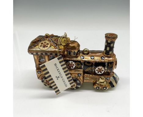 Handcrafted, mouth blown glass ornament that is hand painted with gears embellished with glitter throughout gold toned train,