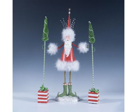 Whimsical Santa in a red suit and hat, adorned with white feathers and topped with a shiny gold star. He is holding a fir tre