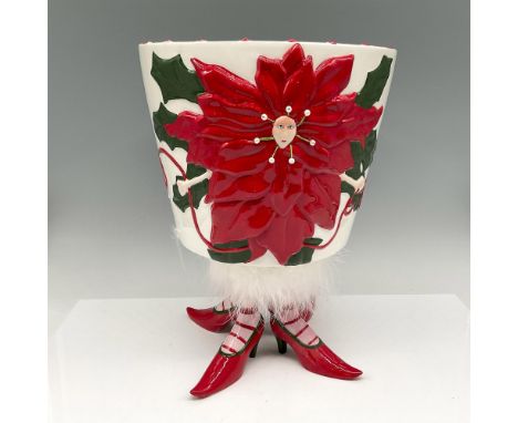 Red Poinsette on white porcelain with green leaves and woman's face adorned by pearl rhinestones. Green interior. Red high he