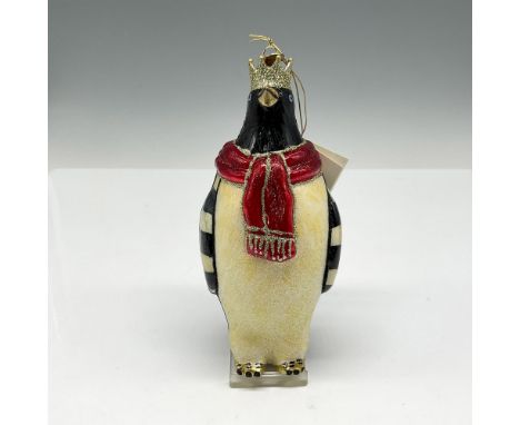 Handcrafted, mouth blown glass ornament that is hand painted with statement checkerboard design, red scarf with gilt glitter 