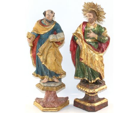 Apostel Petrus.: Holzplastik m. Sockel, handbemalt, 19. Jh., H: inklusive Sockel ca. 31 cm. - Darst. d. Hl. Petrus m. Schlüss