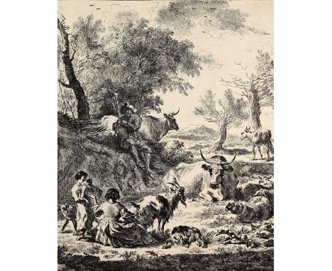 Visscher, Jan de: (ca. 1633 Haarlem - Amsterdam nach 1692). Dudelsackspielender Hirtenjunge im Vordergrund melkt eine Frau ei