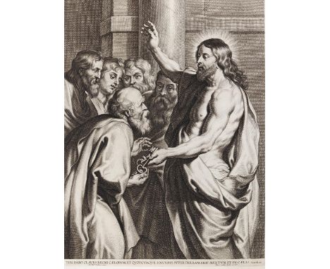 Rubens, Peter Paul: (1577-1640) nach. Christus übergibt dem heiligen Petrus die Himmelsschlüssel. Kupferstich bei Martin van 