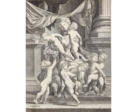 Suavius, Lambert: (um 1510 Lüttich - Frankfurt a.M. 1574/76). Sitzende junge Frau und 8 Putti, einer davon mit Obstschale in 