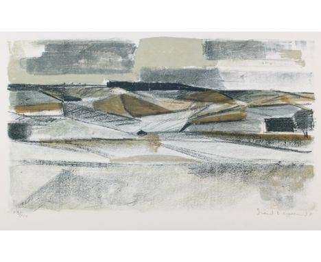 Engelund, Svend Arne: (1908 Vraa - Kopenhagen 2007). Abstrahierte Landschaft im Norden Dänemarks. Farblithographie. (19)71. 2
