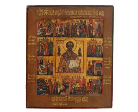 Hl. Nikolaus.: Vita des Hl. Nikolaus. Temperamalerei auf Holzplatte, Russland wohl frühes 19. Jhdt. 31,5 x 26,8 cm. Verso mit