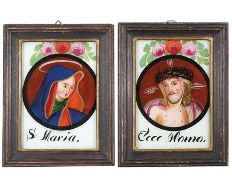 Hinterglasbilder 19.Jh: wohl Schwarzwald. Ecce Homo u. S.Maria. Paar Gegenstücke je 14 x 9,5 cm.   R