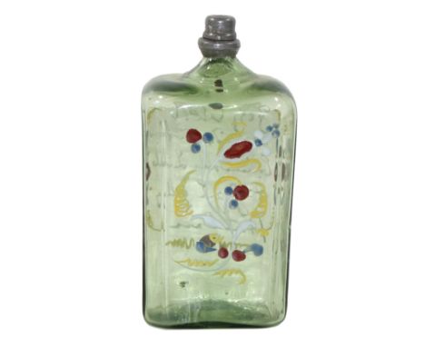 Flasche süddeutsch 18.Jh.: Grünglas mit zarter Emaillemalerei. Verso Sinnspruch. H: 17 cm.   R