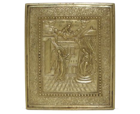 Emaillierte Bronzeikone,: russisch um 1850. Mariae Verkündigung. Bronzeikone, fein gearbeitet. Dargest. Engel, Maria u. Gottv