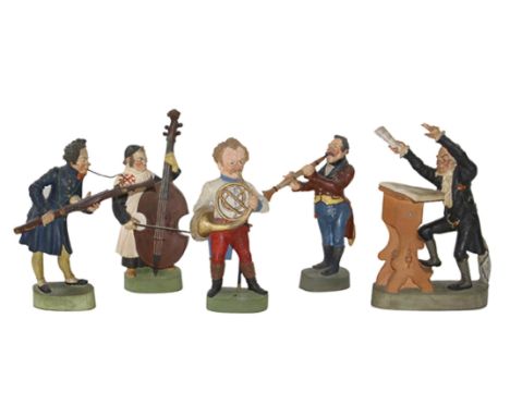 Zizenhausen Musiker: Anton Sohn (1769-1840). Terrakotta, 5 Figuren aus dem Orchester, farbig gefasst. Dabei Dirigent, Bassist