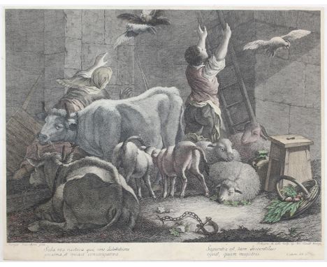 Colle, Pellegrino dal: (1737 Belluno - 1812 Venedig). Sola res rustica... Zwischen fressenden Kühen u. Schafen scheucht eine 