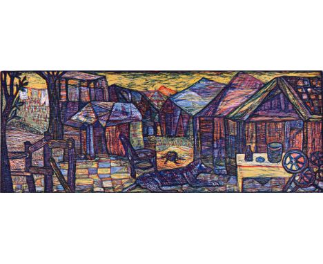 Fekete, Esteban: (1924 Cinkota/Budapest - Dieburg 2009). "Villa miseria". Farbholzschnitt, 1971. 17 x 45 cm, Blgr. 26 x 55,5 