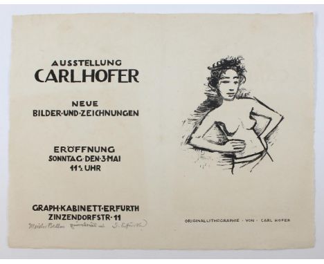 Hofer, Carl: (1878 Karlsruhe - Berlin 1955). Weiblicher Halbakt. Originallithographie (ca. 1923) auf der Einladung zur "Ausst