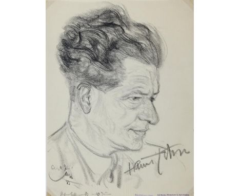 Stumpp, Emil: (1886 Neckarzimmern - Stuhm 1941). Hanns Johst. Schulterstück. Dreiviertelprofil von rechts. Kohlezeichnung auf