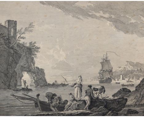 Vernet, Joseph: (1714 Avignon - Paris 1789) nach, zugeschrieben. Landschaft mit Fischerbooten u. einem Segelschiff vor einer 