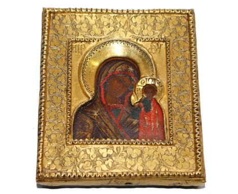 Gottesmutter von Kasan.: Eitempera auf Holzplatte, Russland wohl 19. Jhdt. Auf braunem Grund mit erhabenem Rand (Polje). 9 x 