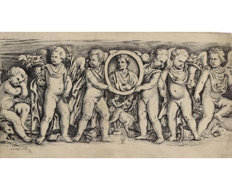Persijn, Reinier van: (1615 Alkmaar - Gouda 1668). Darstellung eines Basreliefs mit Putti, die u.a. ein Portrait-Medaillon ha